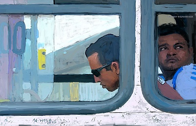 Zwei Männer im Bus - Two men on the bus - Dois homens no ônibus 2025   Handmade digital painting on canvas 170 x 110 cm (173 megapixels)
